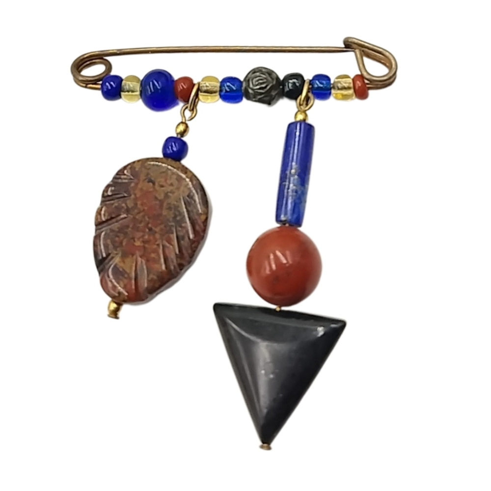 Artisan Beaded Brooch w/ Carved Stone & Geometric Drop Dangles